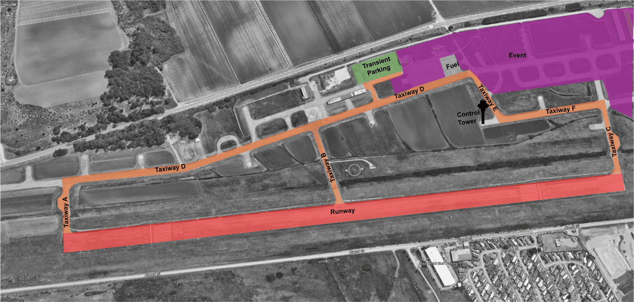 Half Moon Bay Airport, highlighting runway, taxiways, fuel,and parking areas