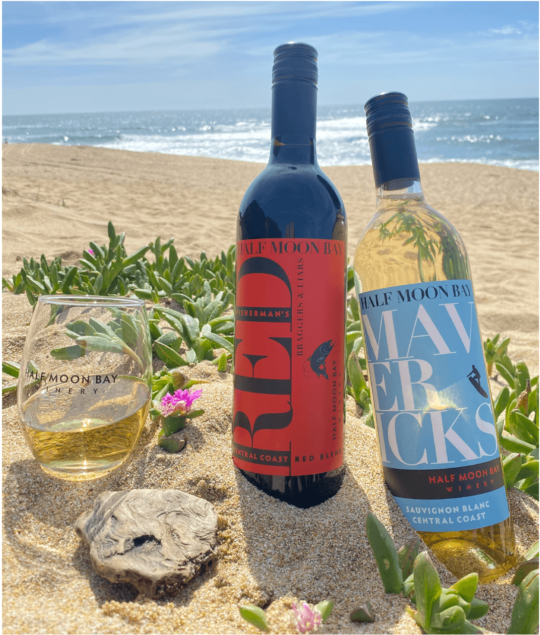Half Moon Bay Winery bottles on the beach